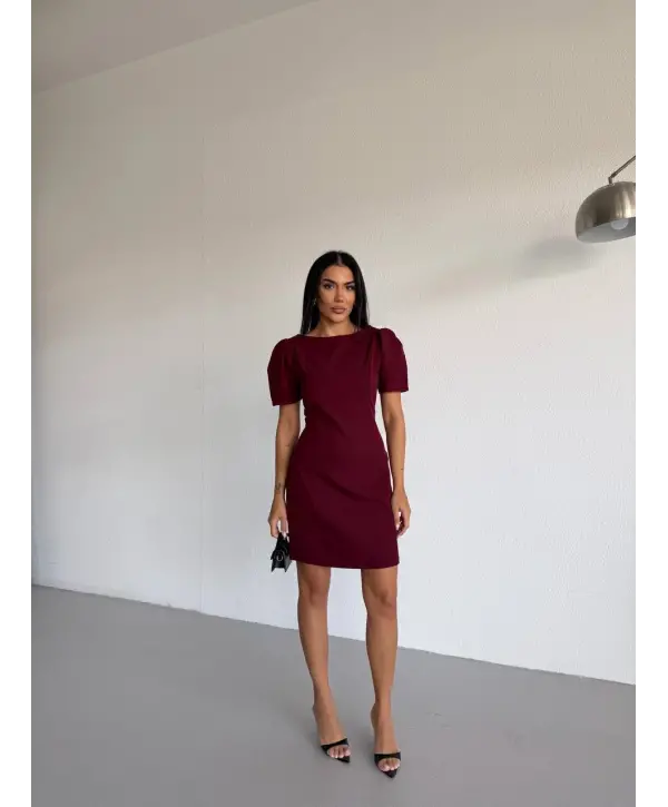 Bordo Kayık Yaka Kısa Kollu Mini Elbise