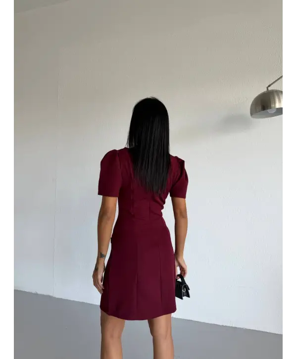 Bordo Kayık Yaka Kısa Kollu Mini Elbise