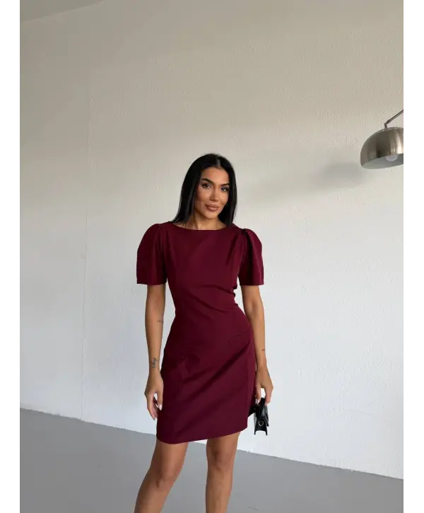 Bordo Kayık Yaka Kısa Kollu Mini Elbise