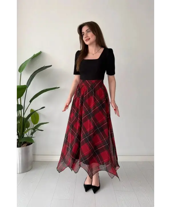 Kırmızı Ekose Desen Vatkalı U Yaka Midi Elbise