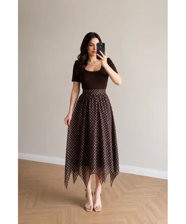 Kahve Kare Yaka Eteği Şifon Elbise