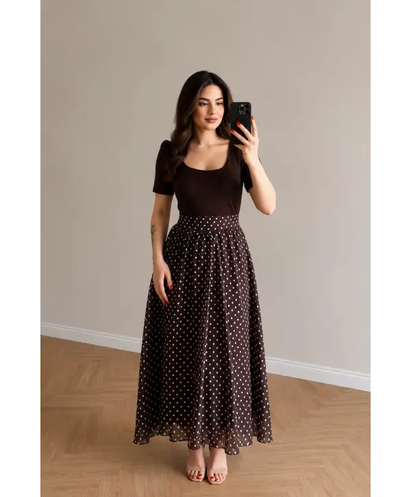 Kahve Kare Yaka Eteği Şifon Elbise