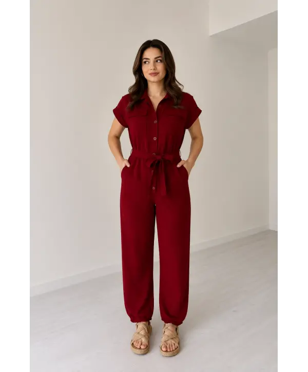 Kırmızı Kuşaklı Keten Tulum