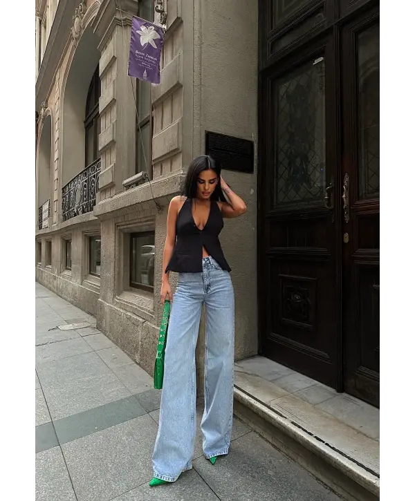 Açık Mavi Tasarım Wide Leg Pantalon