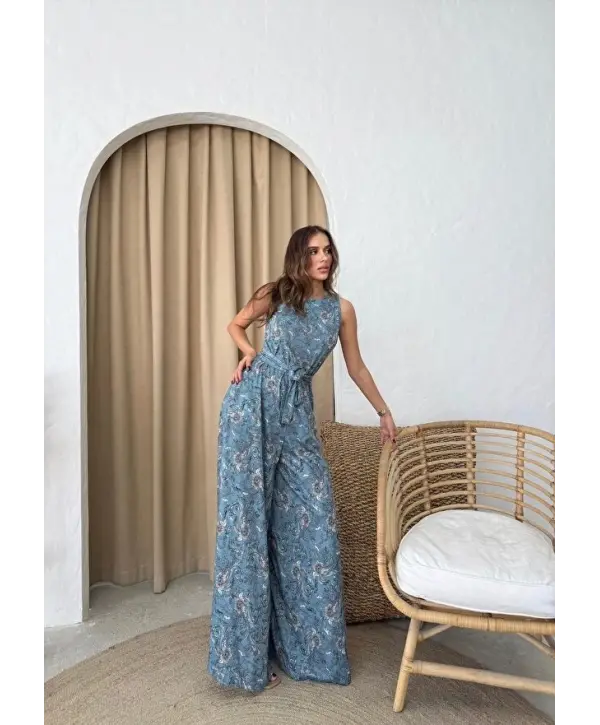 Desenli İspanyol Kuşaklı Tasarım Tulum (Mavi)