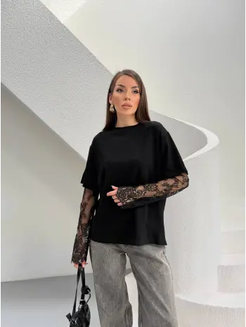 Siyah Güpür Kollu Bluz