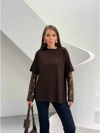 Kahverengi Güpür Kollu Bluz