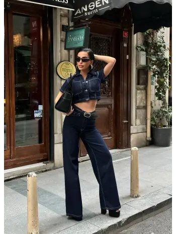 Frame Crop & Palazzo Pantolon Denim 2’li Takım