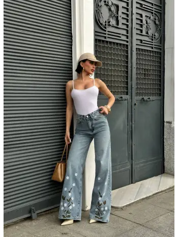 Palazzo Fit Özel Çiçek Nakışlı Tasarım Denim Jean