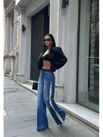 Tasarım Yanları Dantel Detaylı Wide Leg Jean Kot Pantalon