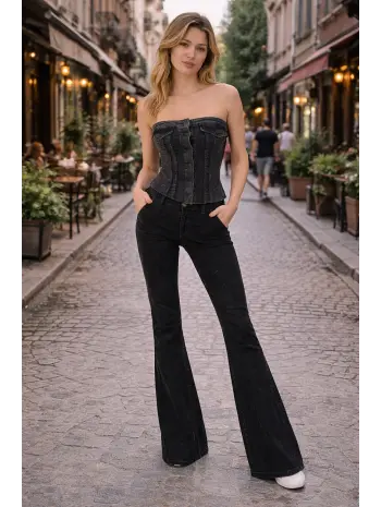 Taşlı Işıltılı Kot Denim Düğmeli Büstiyer