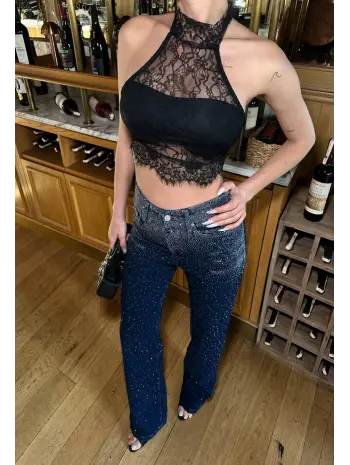 Lacivert Taşlı Denim Kot Pantalon Parlak Jean