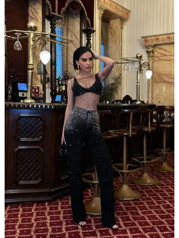Siyah Taşlı Denim Kot Pantalon Parlak Jean
