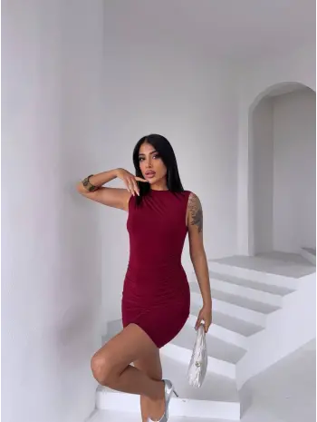 Bordo Drapeli Sandy Kumaş Elbise