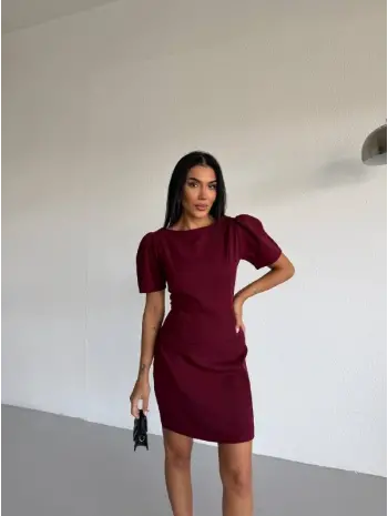 Bordo Kayık Yaka Kısa Kollu Mini Elbise