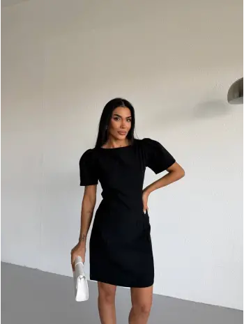 Siyah Kayık Yaka Kısa Kollu Mini Elbise