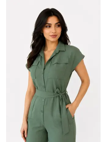 Haki Kuşaklı Keten Tulum