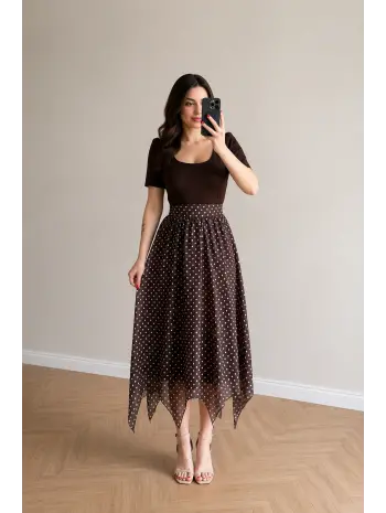 Kahve Kare Yaka Eteği Şifon Elbise