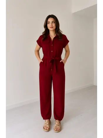 Kırmızı Kuşaklı Keten Tulum