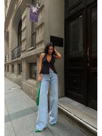 Açık Mavi Tasarım Wide Leg Pantalon