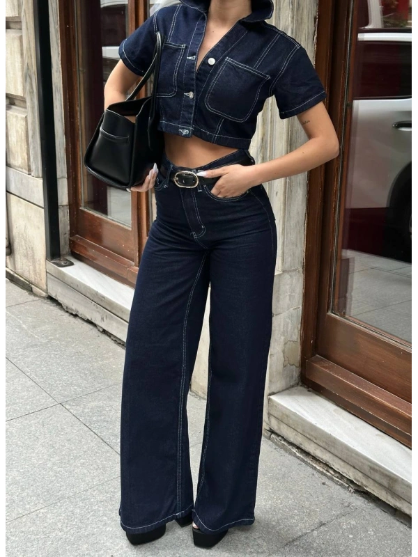 Frame Crop & Palazzo Pantolon Denim 2’li Takım