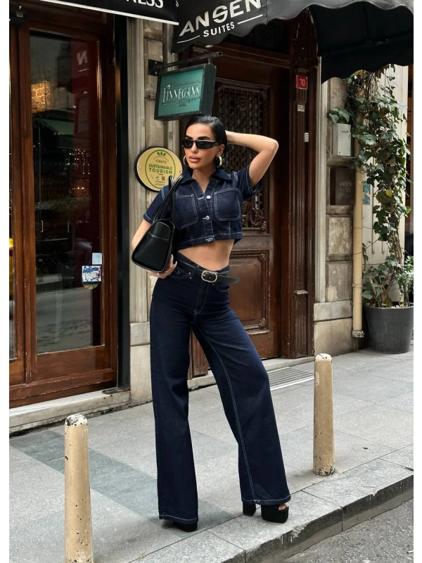 Frame Crop & Palazzo Pantolon Denim 2’li Takım