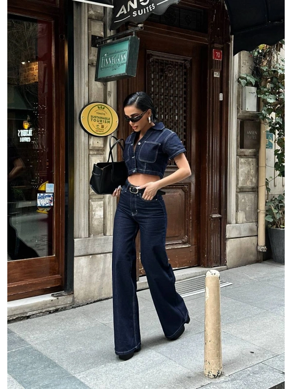 Frame Crop & Palazzo Pantolon Denim 2’li Takım