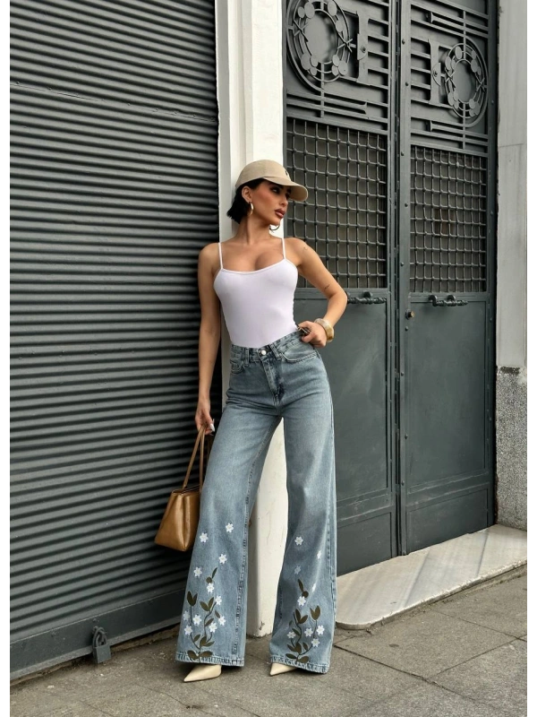 Palazzo Fit Özel Çiçek Nakışlı Tasarım Denim Jean
