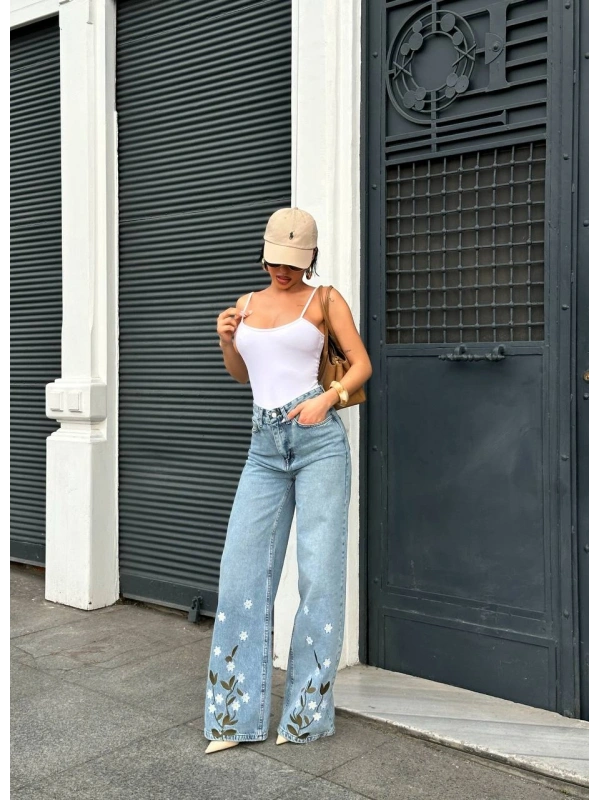 Palazzo Fit Özel Çiçek Nakışlı Tasarım Denim Jean