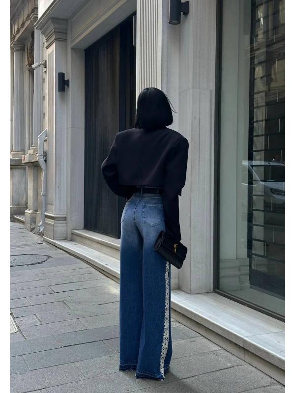 Tasarım Yanları Dantel Detaylı Wide Leg Jean Kot Pantalon