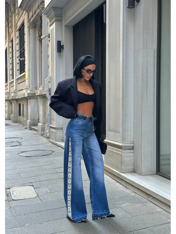 Tasarım Yanları Dantel Detaylı Wide Leg Jean Kot Pantalon