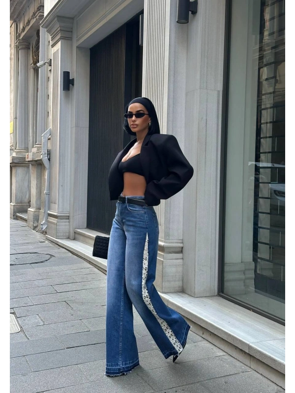 Tasarım Yanları Dantel Detaylı Wide Leg Jean Kot Pantalon