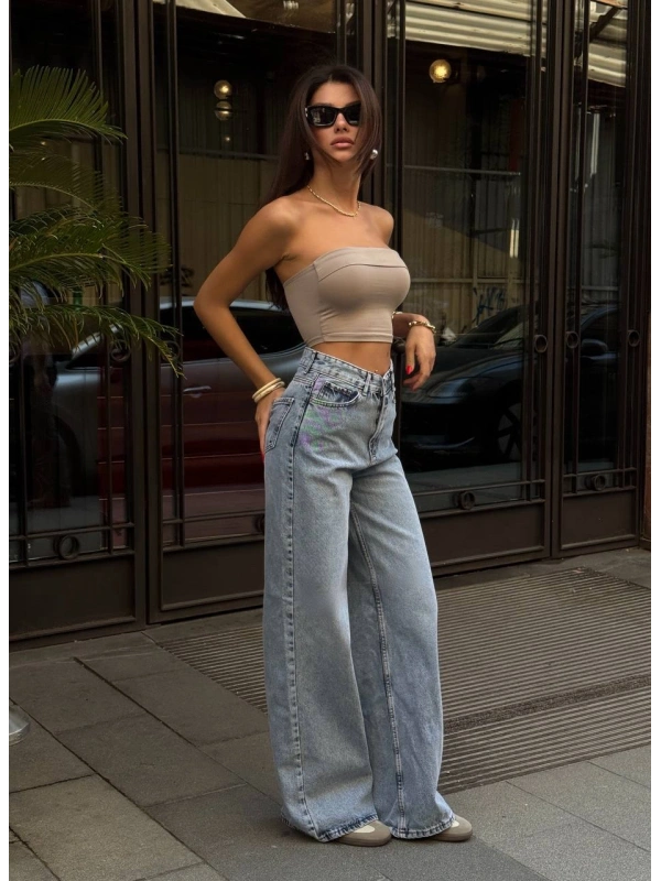 Açık Mavi Tasarım Wide Leg Pantalon
