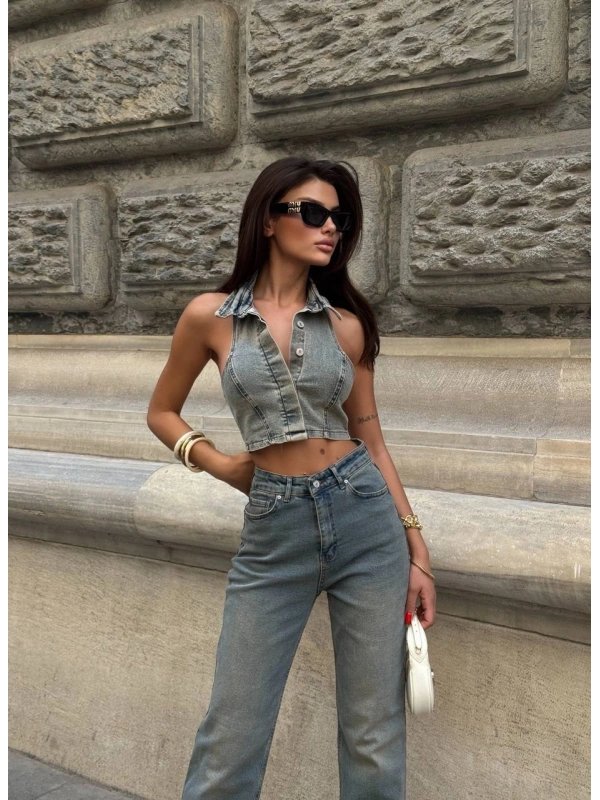 Sırt Dekolteli Jean Tasarım Crop