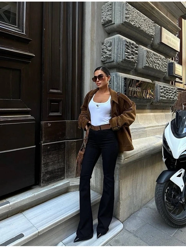 Siyah Likralı İspanyol Paça Denim