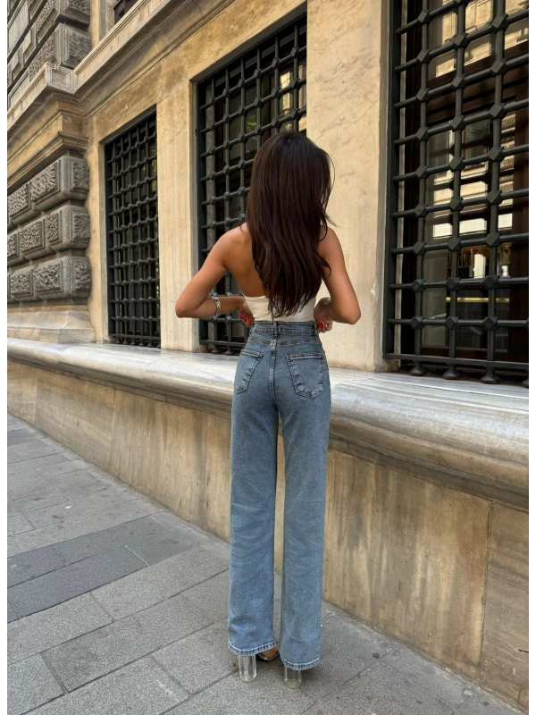 Yüksek Bel Işıltılı Taş İşlemeli Düz Paça Jean Pantolon