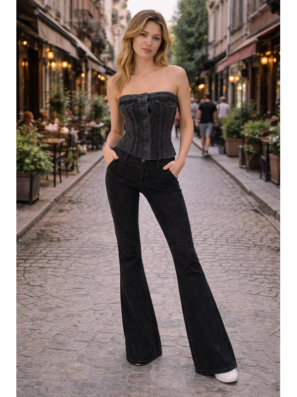 Taşlı Işıltılı Kot Denim Düğmeli Büstiyer