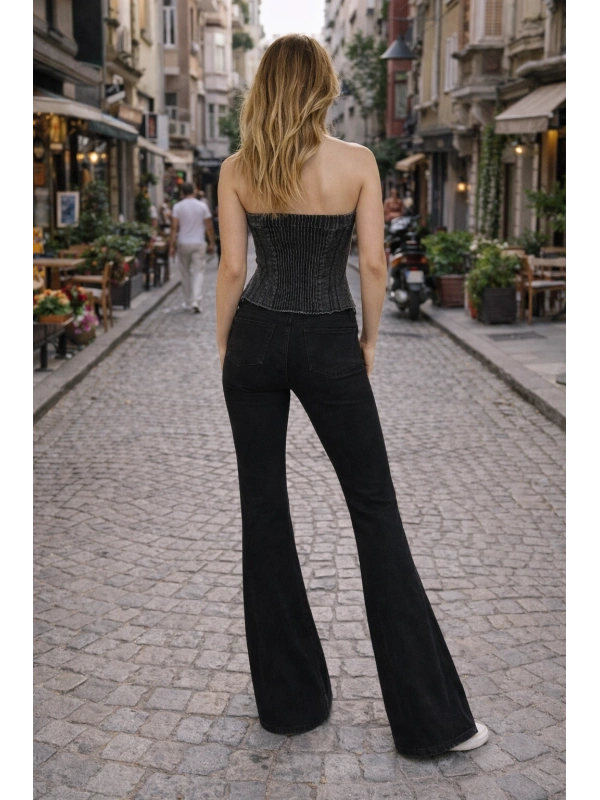 Taşlı Işıltılı Kot Denim Düğmeli Büstiyer