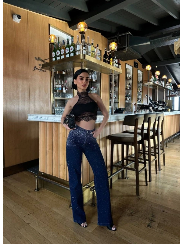 Lacivert Taşlı Denim Kot Pantalon Parlak Jean
