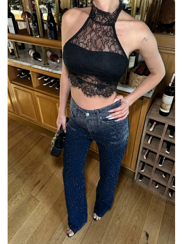 Lacivert Taşlı Denim Kot Pantalon Parlak Jean