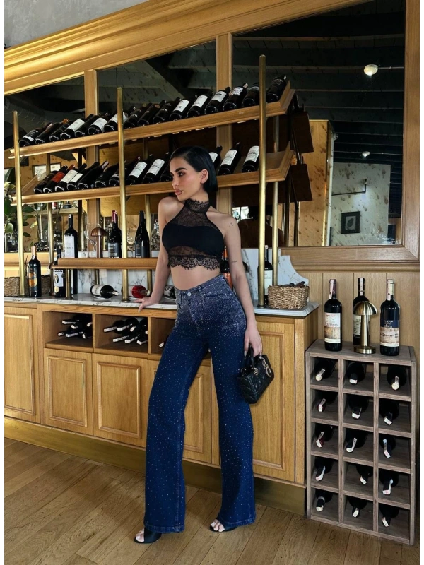 Lacivert Taşlı Denim Kot Pantalon Parlak Jean
