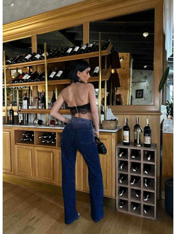 Lacivert Taşlı Denim Kot Pantalon Parlak Jean