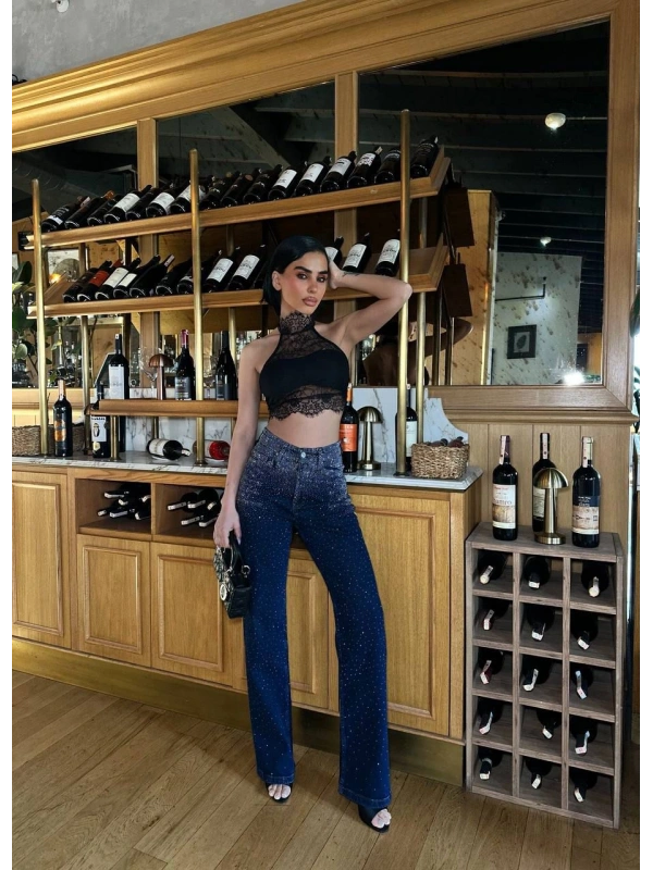 Lacivert Taşlı Denim Kot Pantalon Parlak Jean