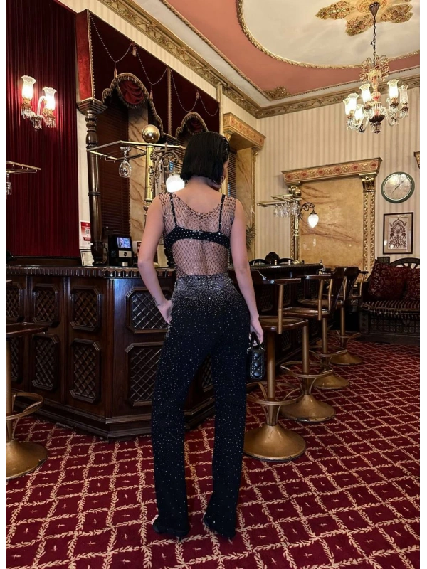Siyah Taşlı Denim Kot Pantalon Parlak Jean