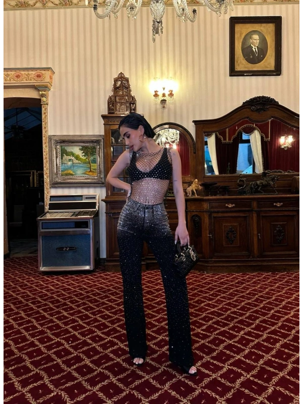 Siyah Taşlı Denim Kot Pantalon Parlak Jean