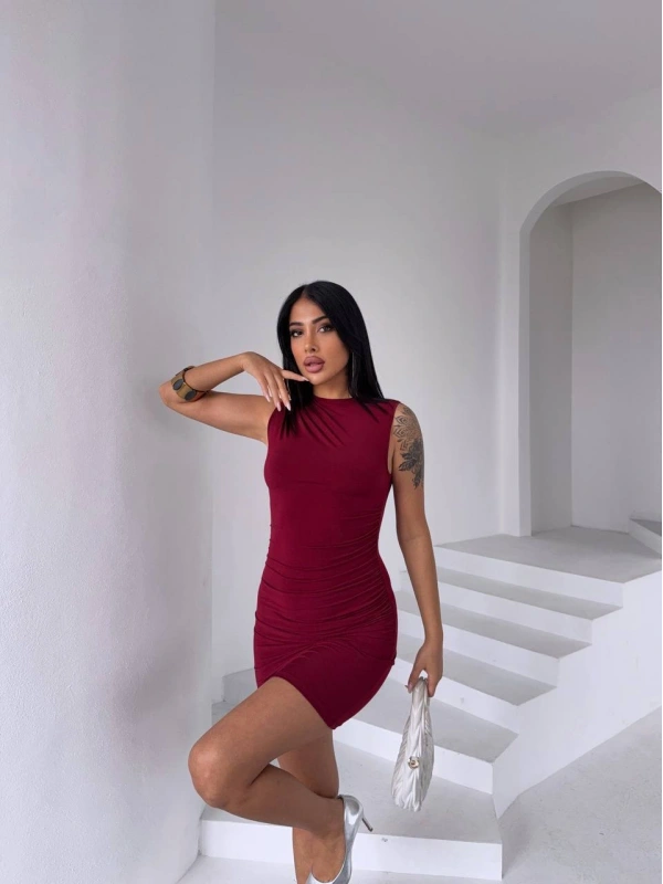 Bordo Drapeli Sandy Kumaş Elbise