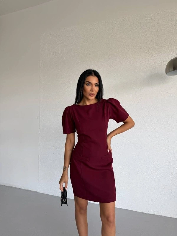 Bordo Kayık Yaka Kısa Kollu Mini Elbise