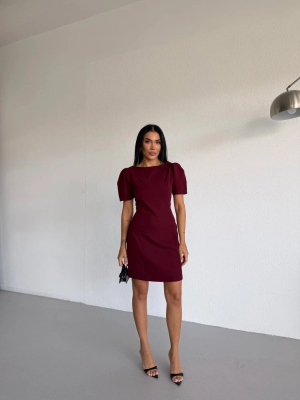 Bordo Kayık Yaka Kısa Kollu Mini Elbise