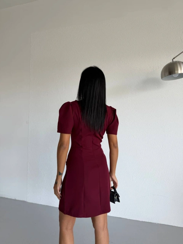 Bordo Kayık Yaka Kısa Kollu Mini Elbise