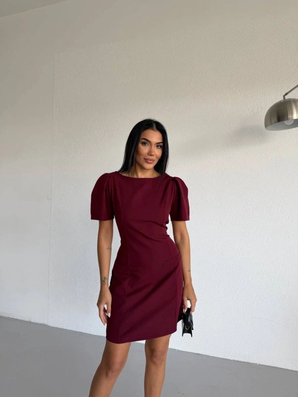 Bordo Kayık Yaka Kısa Kollu Mini Elbise